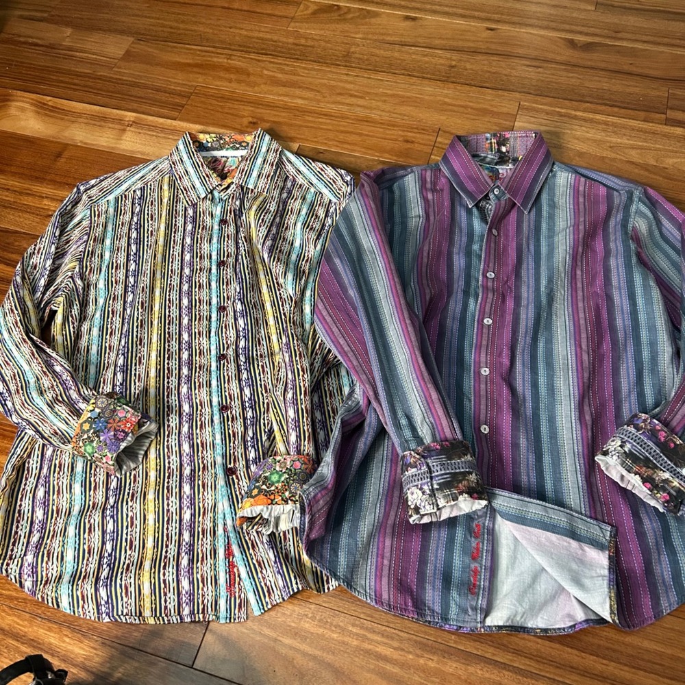 2 Robert Graham Mens Large Button Down Shirts Striped Contrast Cuffs L